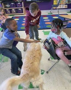 students with therapy dog